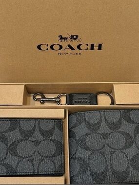 Coach Men’s Black and Dark Gray Signature Wallet & Key Fob Set